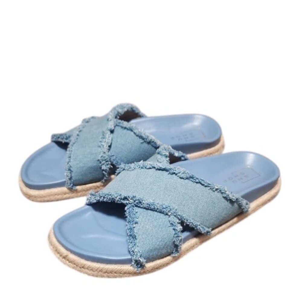 SHU SHOP Denim Blue Espadrille Slide Sandals 9 Frayed Criss Cross Straps Boho - Picture 2 of 14